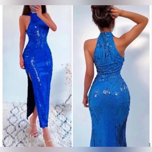 Royal Blue Sequin MIDI Dress with Slit - NEW with tags - Picture 2 of 4